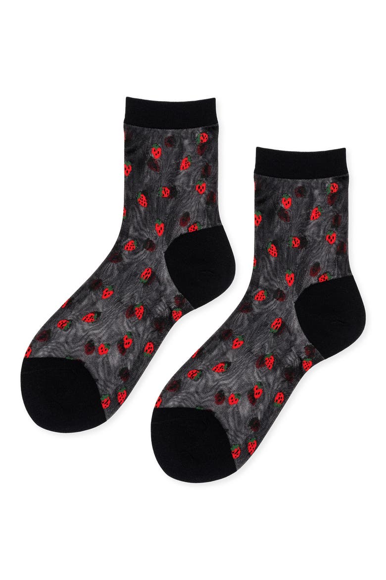 Baby Strawberry Sheer Crew Socks, Main, color, BLACK