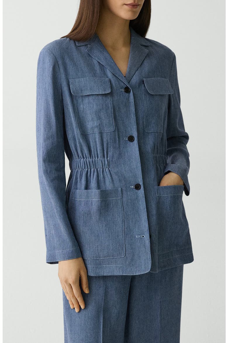 Denim Pattern Cinched Waist Linen Blend Jacket, Alternate, color, LIGHT DENM