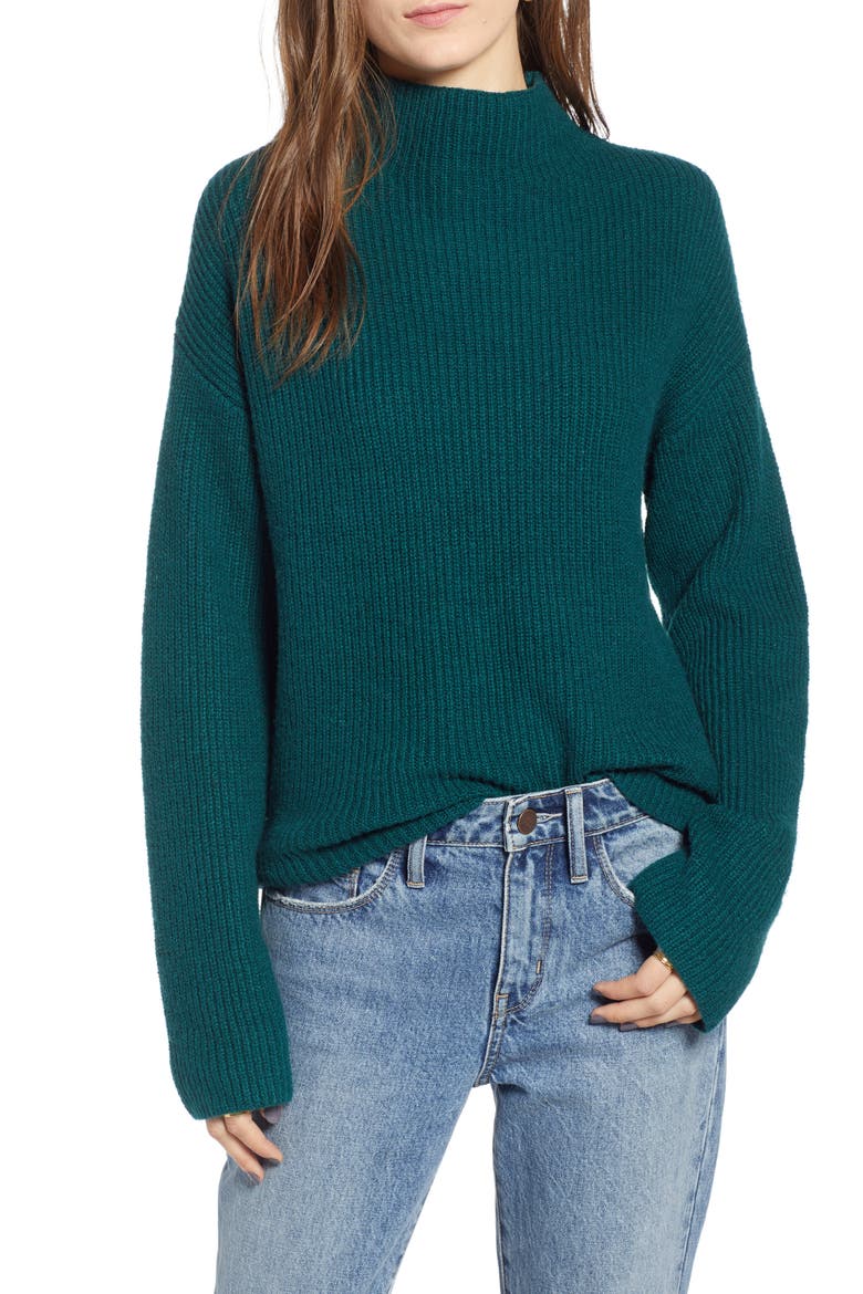Ribbed Funnel Neck Sweater, Main, color, GREEN BUG