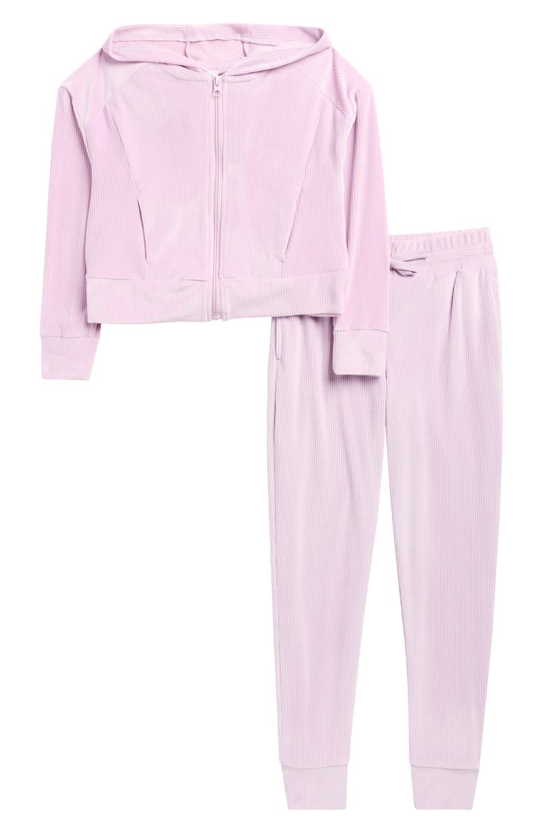 90 DEGREE BY REFLEX Kids' Rib Velour Castle Zip Hoodie & Joggers Set, Main, color, Fair Orchid