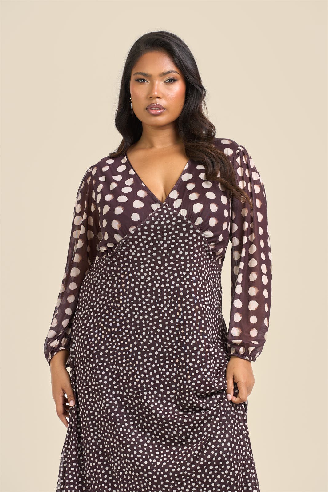plus size brown polka dot dress Adeline Polka Dot Mesh Midi Dress - Brown/combo
