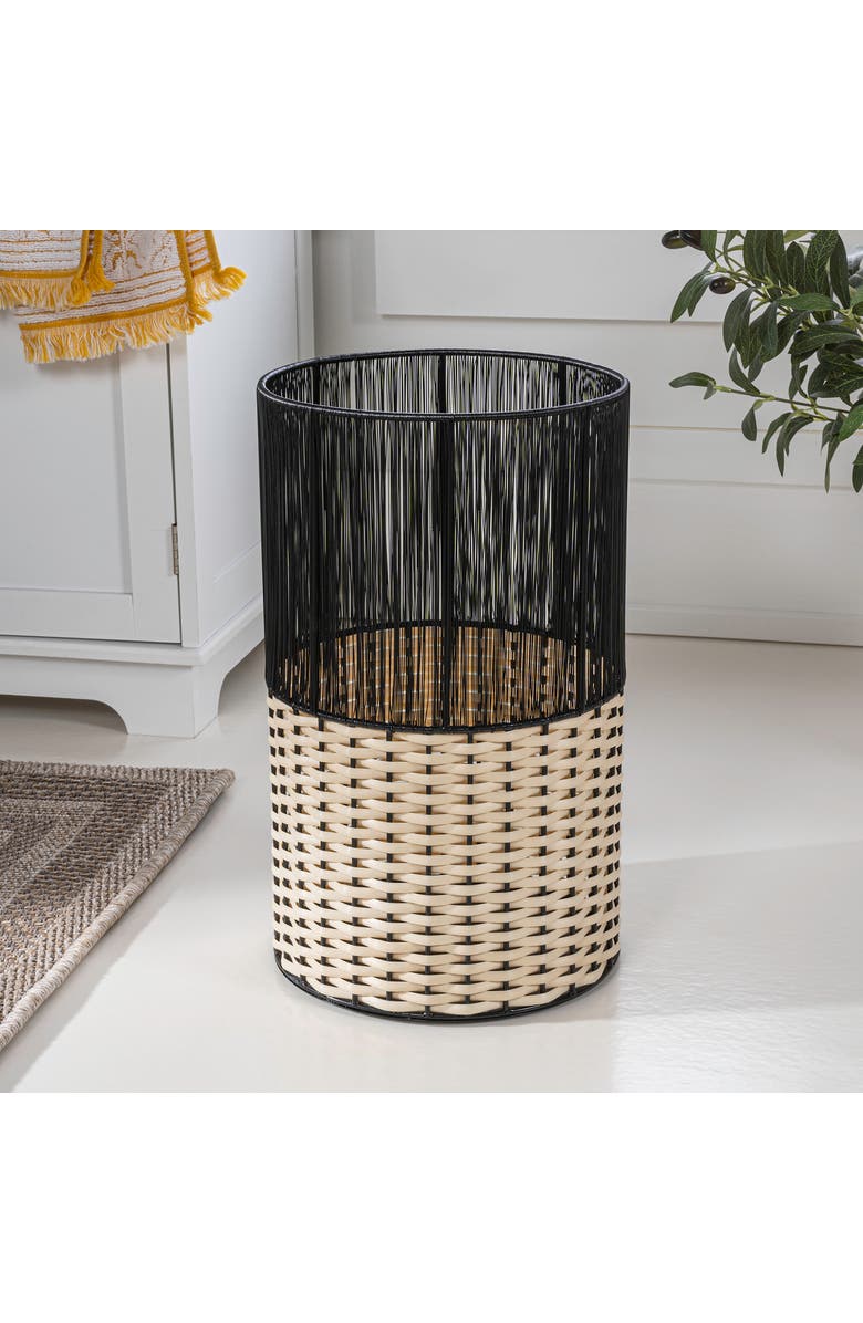 HAPPIMESS Harper Modern 2-Tone Faux Wicker Cylinder Waste Basket, Alternate, color, Black/Cream