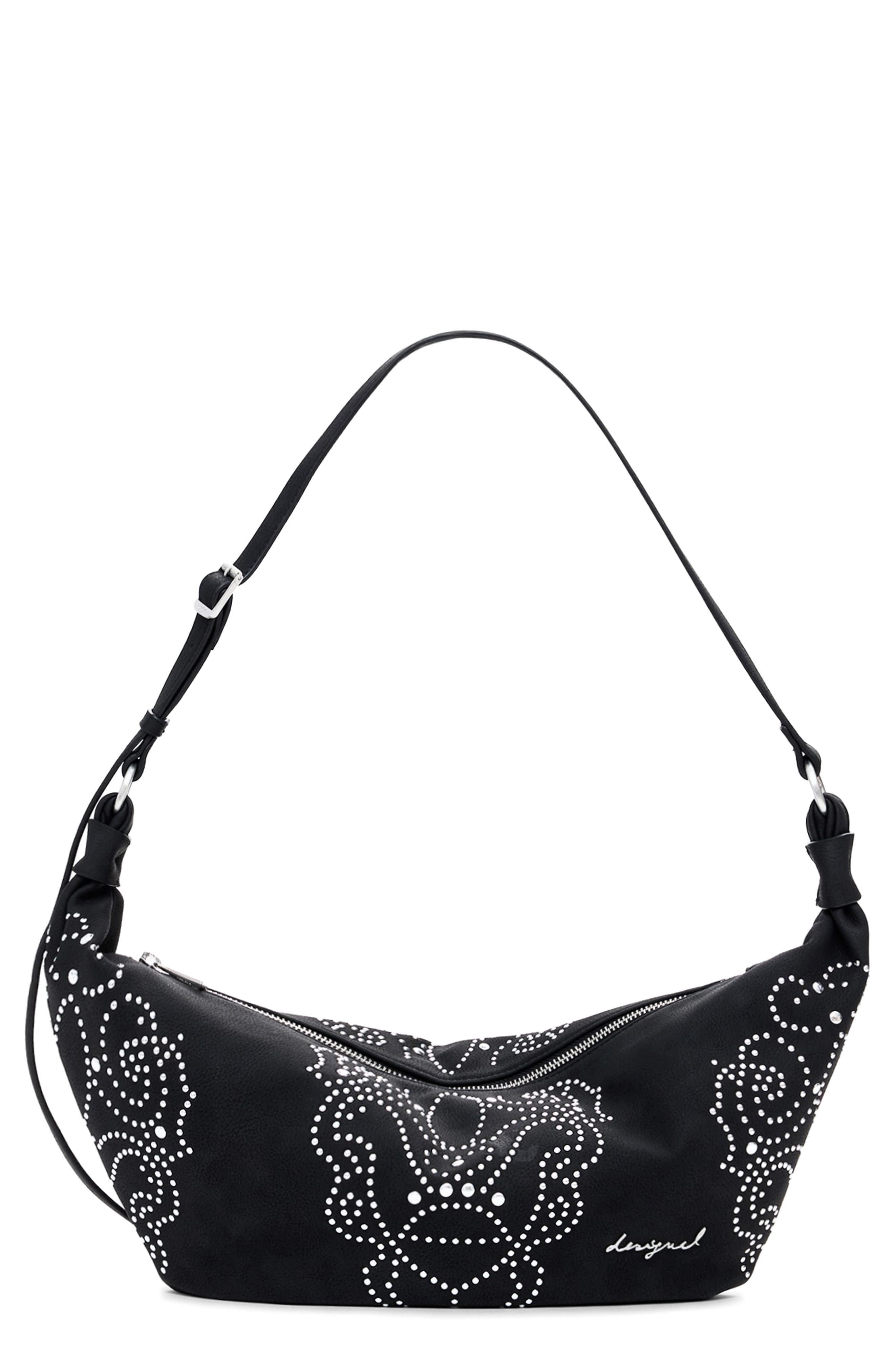 Desigual Studded Faux Leather Shoulder Bag, Main, color, Black