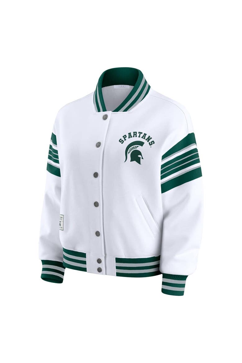 Women's WEAR by Erin Andrews White/Green Michigan State Spartans Satin Stitch Full-Snap Fleece Sweatshirt Jacket, Alternate, color, White
