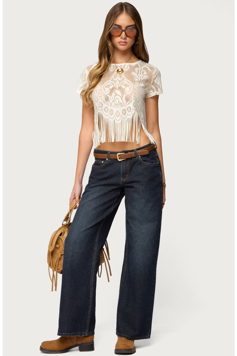 Kira Sheer Lace Fringe Crop T-Shirt, Alternate, color, CREAM