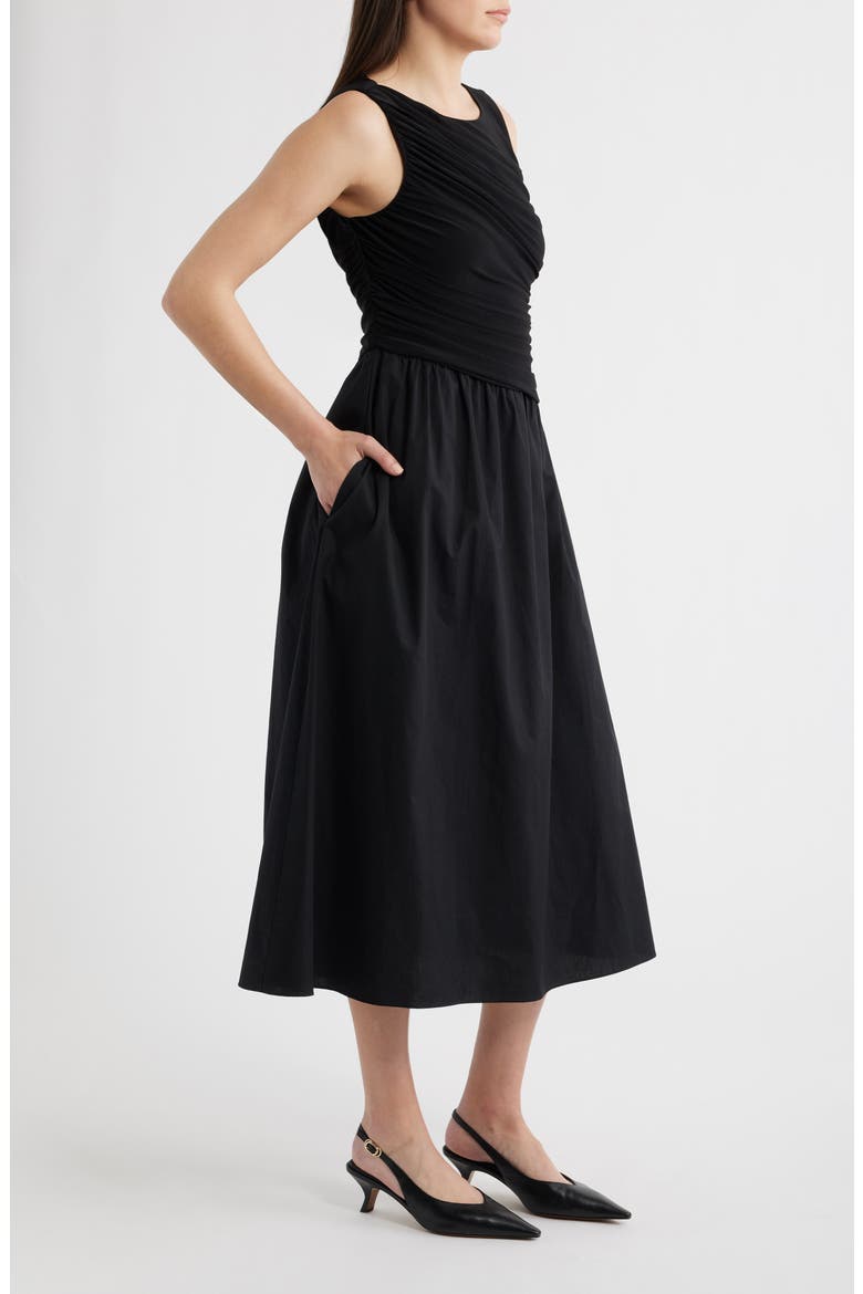 Ity Ruched Bodice Mixed Media Midi Dress, Alternate, color, BLACK