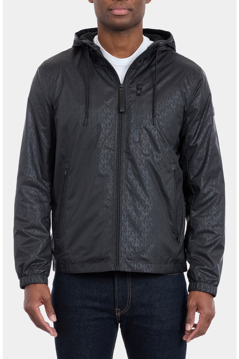 Allover Logo Print Windbreaker Jacket, Main, color, BLACK