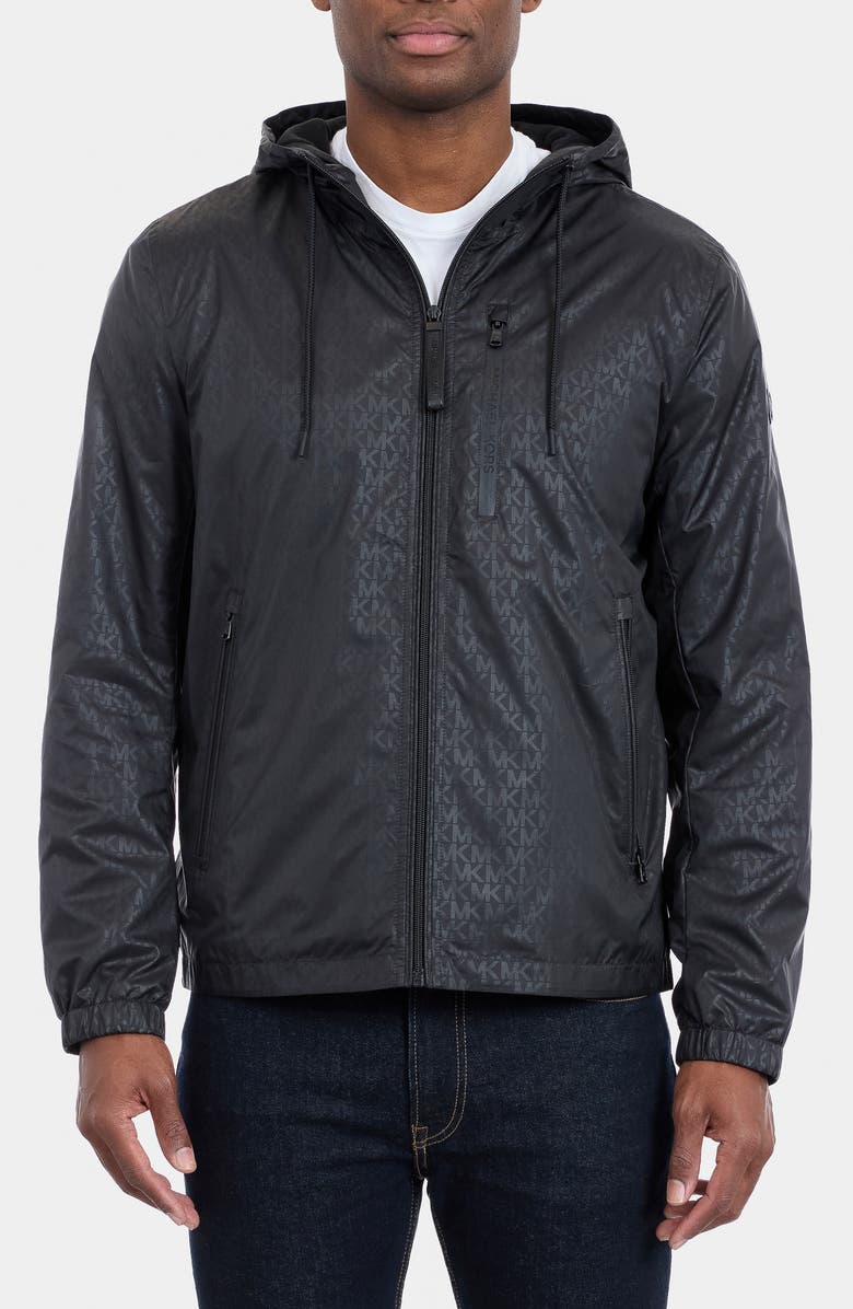 Michael Kors Allover Logo Print Windbreaker Jacket, Main, color, Black