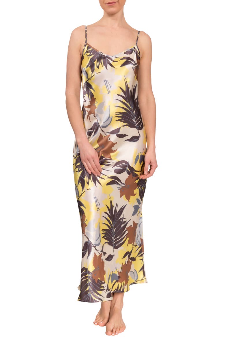 Everyday Ritual Angelina Plaid Satin Slip Nightgown, Main, color, Tropical Foliage