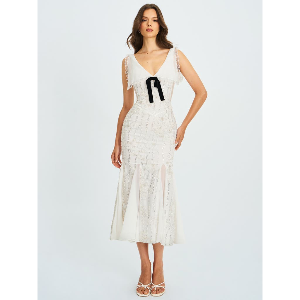 Miss Circle Paola Peter Pan Collar Beaded Sequin Mermaid Midi Dress In White