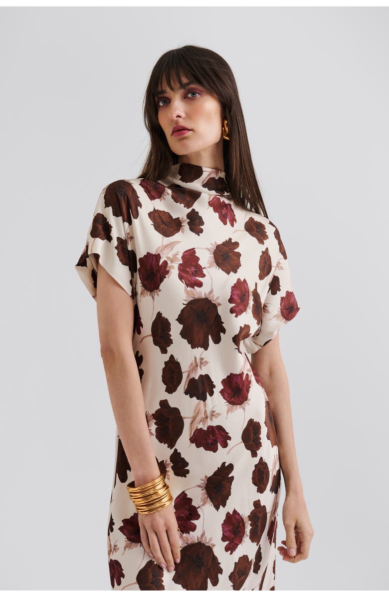 Malina Alivia Short Sleeve Satin Midi Dress, Alternate, color, Wine Peony