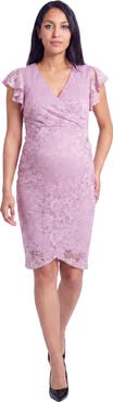 24seven Comfort Apparel Maternity Elevate Lace V-Neck Flutter Sleeve Faux Wrap Midi Dress