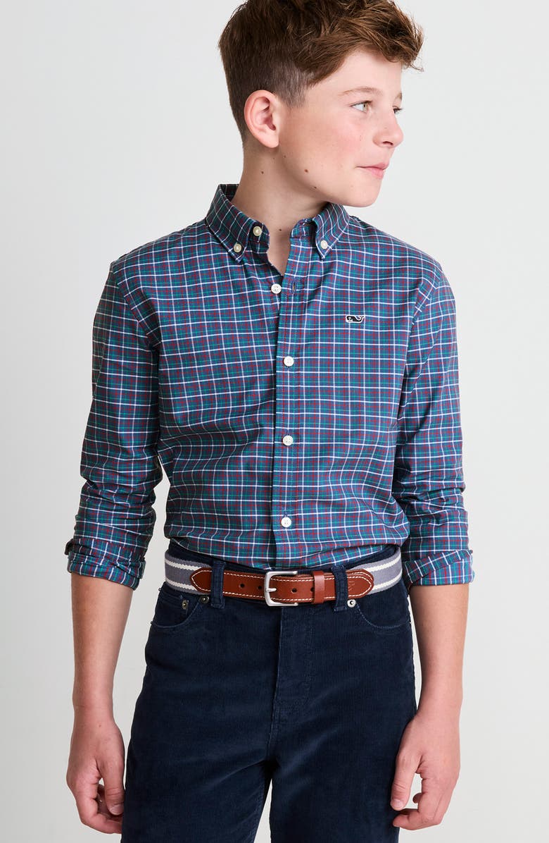vineyard vines Kids' Wauwinet Tattersall Check Performance Cotton Blend Button-Down Shirt, Alternate, color, Moonshine