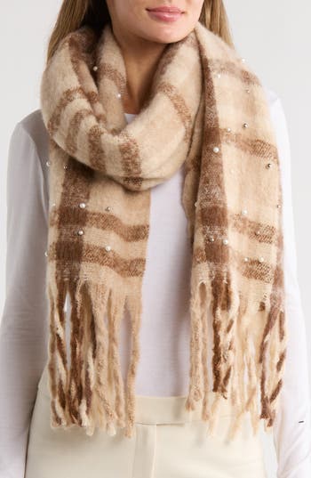 Nanette Lepore Faux Pearl Plaid Fuzzy Scarf In Brown