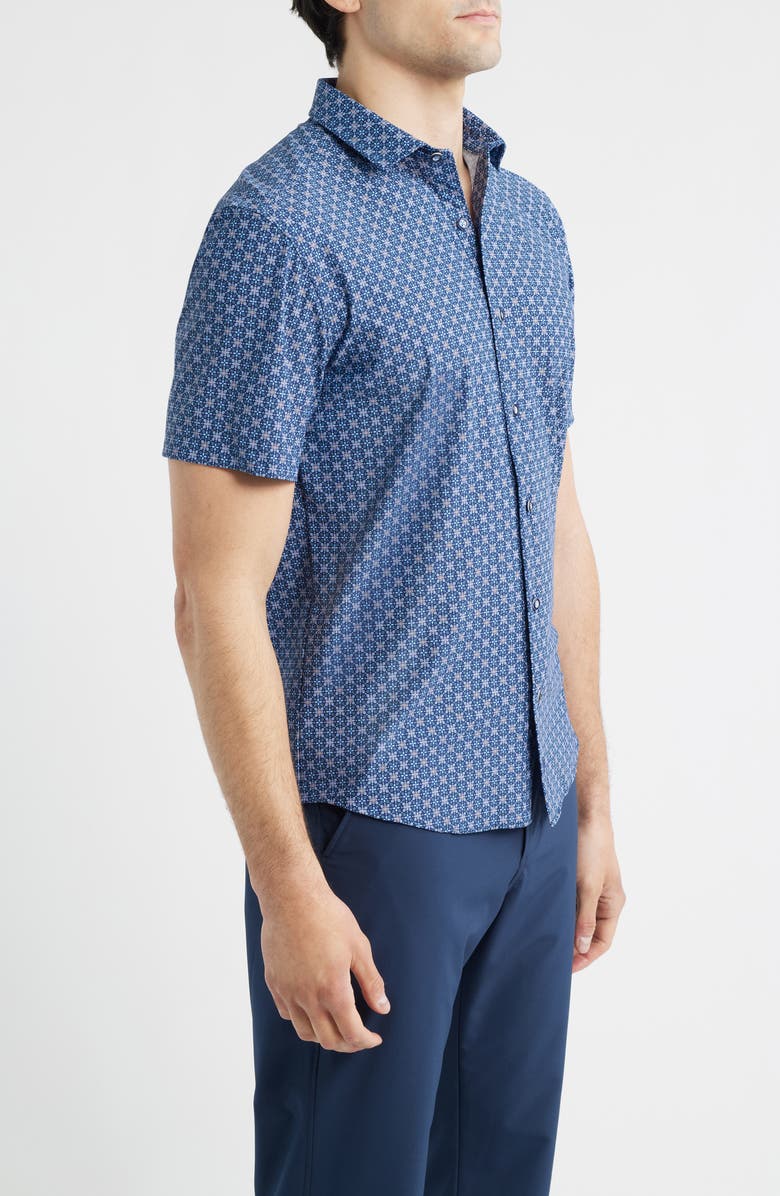 Johnston & Murphy XC+<sup>™</sup> Motion Geo Print Short-Sleeve Performance Knit Button-Up Shirt, Alternate, color, Navy Petal