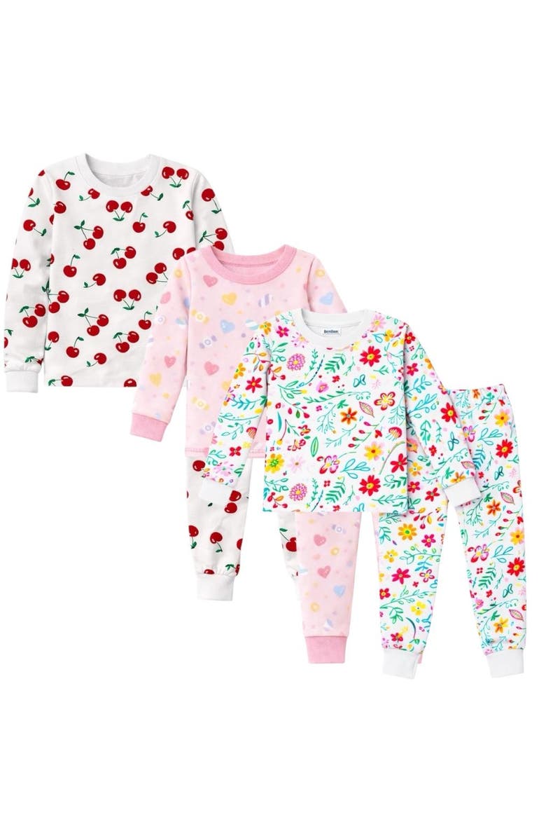 BenBen Kids 3 Pack Pajamas Toddlers and Girls Snug Fitted Long Sleeve Sleepwear Sets, Main, color, Red/White/Purple