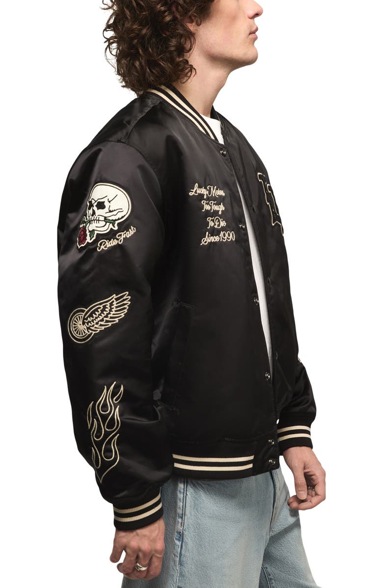 Lucky Brand Satin Varsity Jacket, Alternate, color, Jet Black