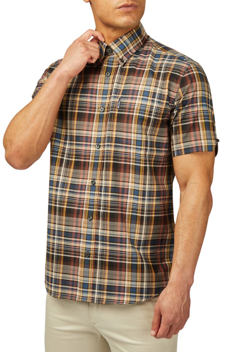 Ben Sherman Regular Fit Plaid Short Sleeve Button-Down Shirt, Main, color,