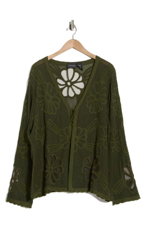 Floral Embroidered Tie Front Cardigan (Plus)