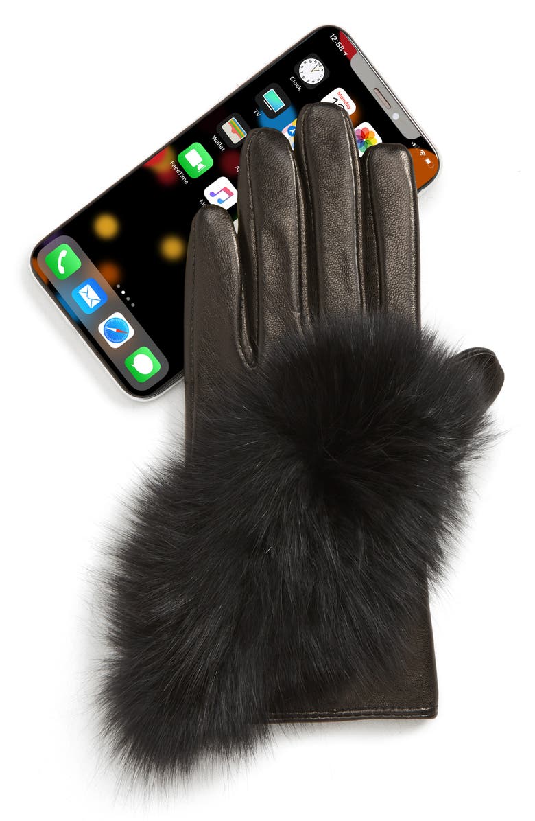 Echo Lambskin Leather Touchscreen Gloves with Genuine Fox Fur Trim, Alternate, color, 