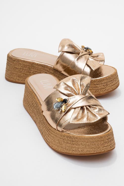 Prologue Shoes Shara Braided Bow & Bee Buckle Platform Sandal In Gold