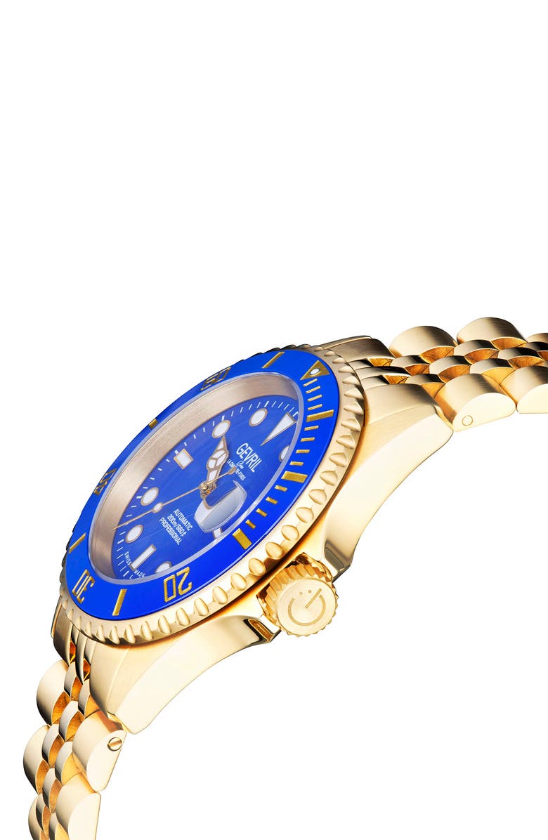 GEVRIL Wall Street GMT Bracelet Watch, 43mm, Alternate, color, Gold/ Blue