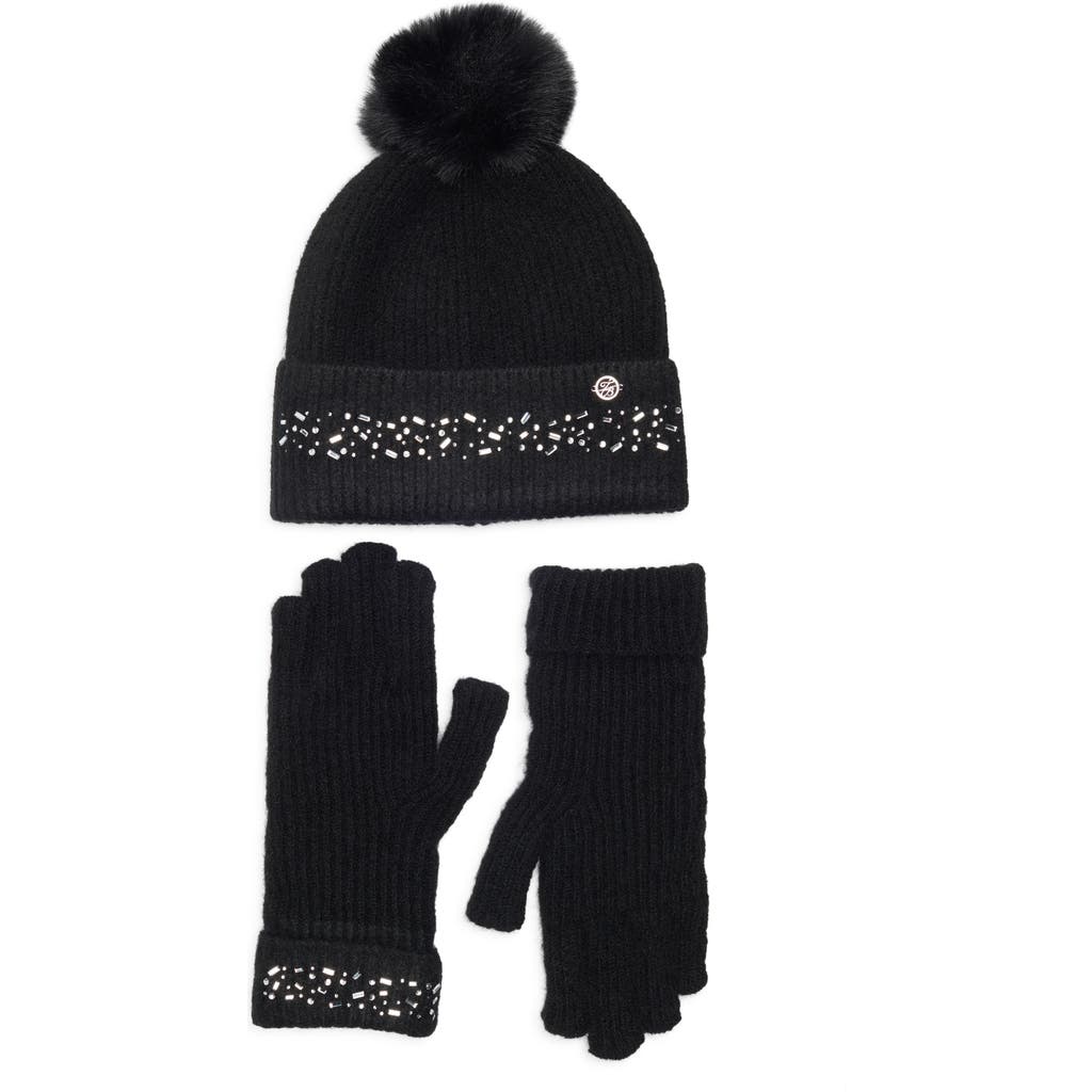 Ted Baker London Crystal Faux Fur Pompom Beanie & Scarf Box Set In Black
