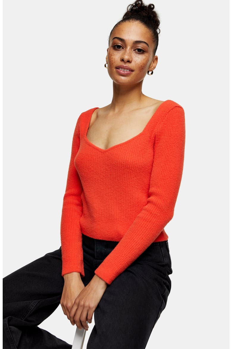 Sweetheart Neck Fluffy Sweater, Alternate, color, RED