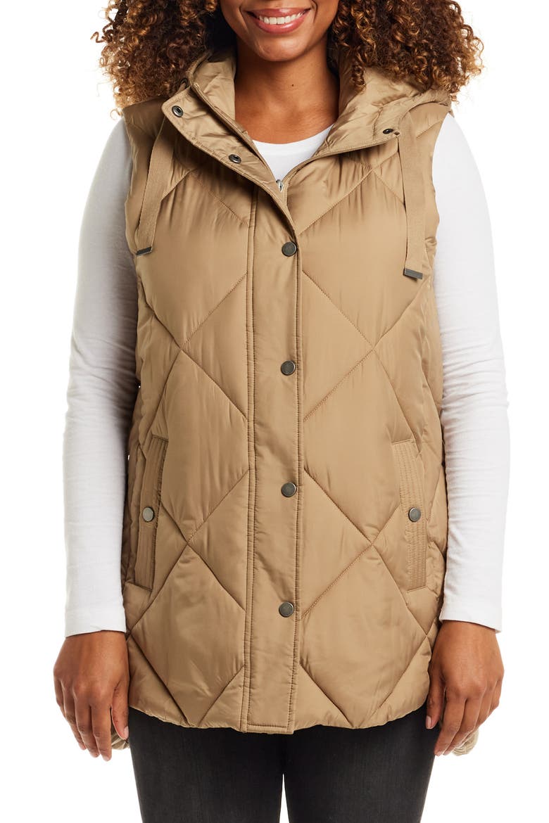 Water Resistant Quilted Hooded Vest, Main, color, KHAKI