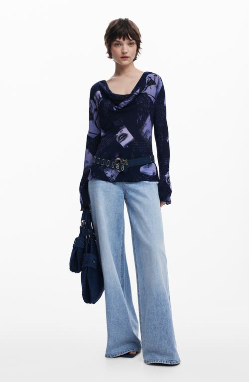 Desigual Print Cowl Neck Top In Dark Blue