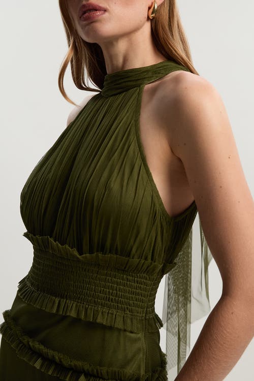 Karen Millen Tulle Layered Halter Neck Maxi Dress In Green