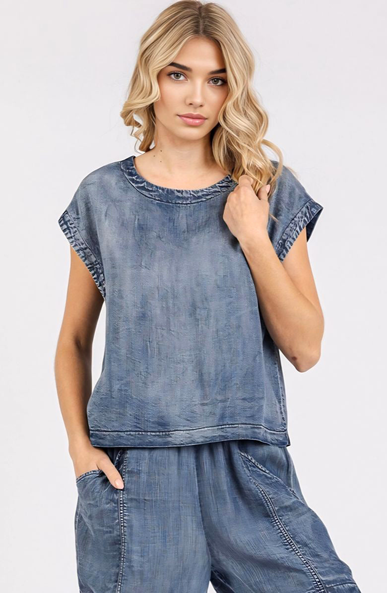 Knit and Lounge Washed Cap Sleeve Top with Back Button Detail, Main, color, Washed Blue