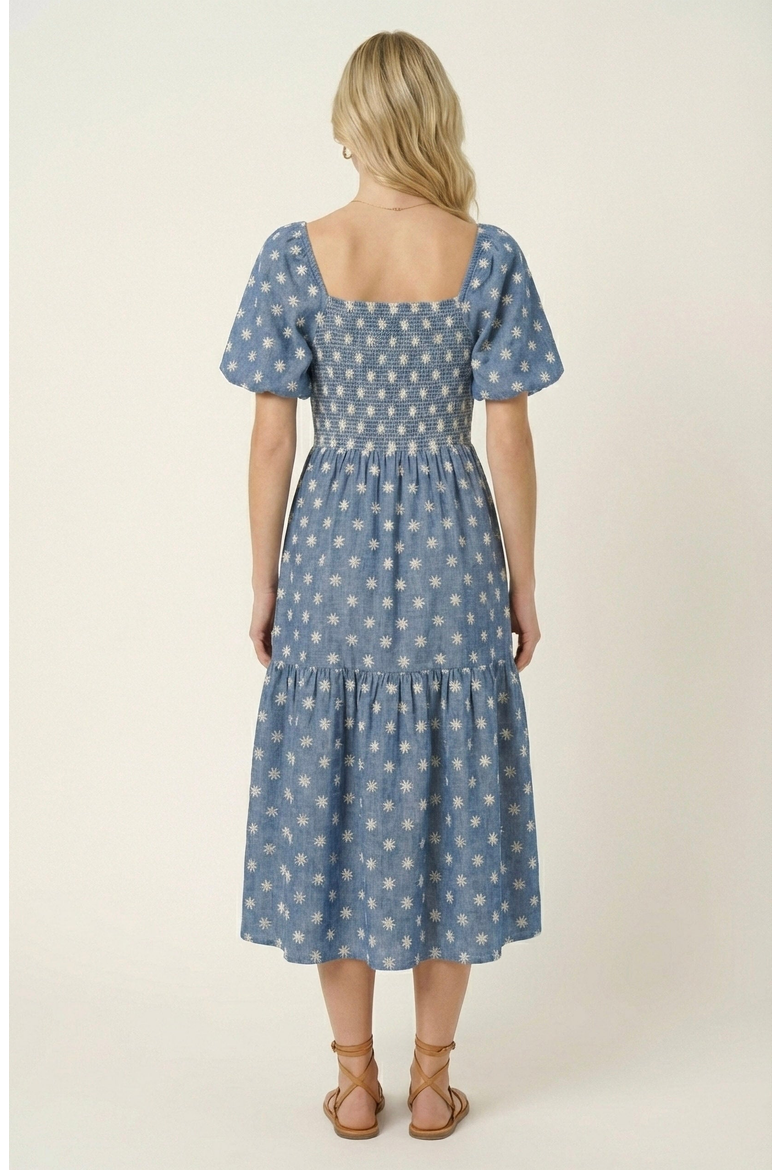 Smocked Puff-Sleeve Midi Dress with Tiered Skirt and Pockets, Alternate, color, Blue / White Floral