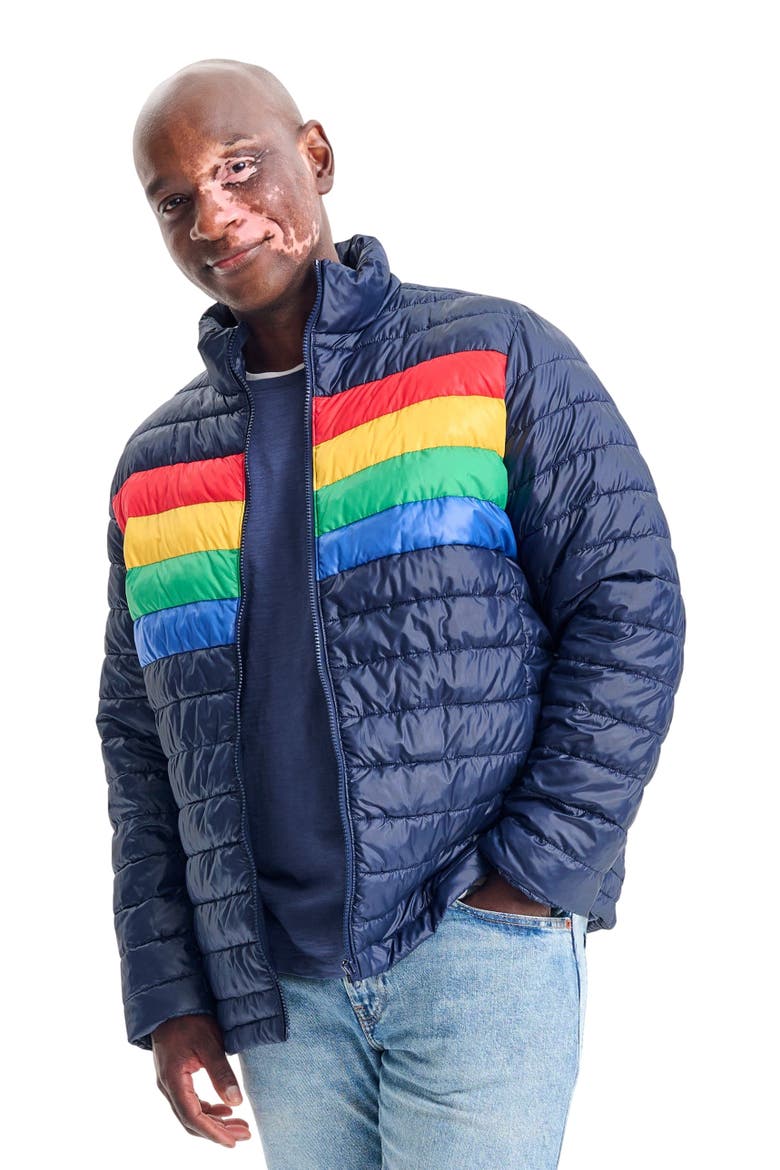 Grown-Ups Puffer Jacket In Stripe, Alternate, color, Evergreen Placed Stripe