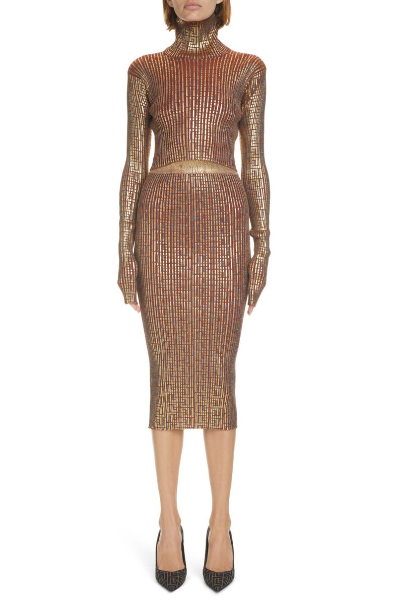 Balmain Laminated Monogram Rib Crop Turtleneck, Alternate, color, 