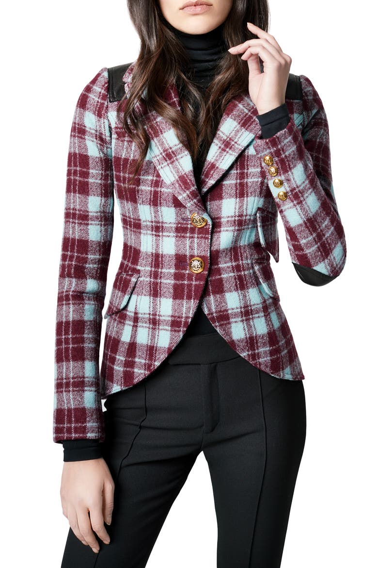 Plaid Rifle-Patch Wool Equestrian Blazer, Main, color, BURGUNDY PLAID/BLACK LEATHER