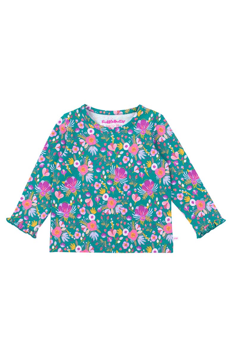 RuffleButts Knit Long Sleeve Ruffle Layering Tee, Main, color, Emerald Floral
