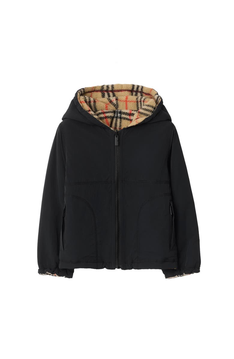 Burberry Reversible Check Fleece Hooded Jacket, Main, color, Black