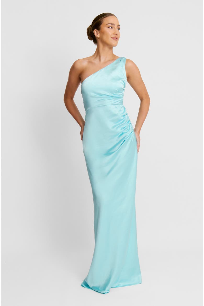 One Shoulder Gathered Bridesmaid Dress, Main, color, Turquoise