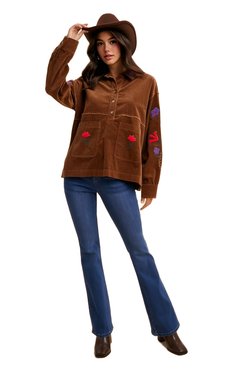 Knit and Lounge Embroidered Floral Corduroy Button-Up Jacket, Alternate, color, Brown Floral Embroidery