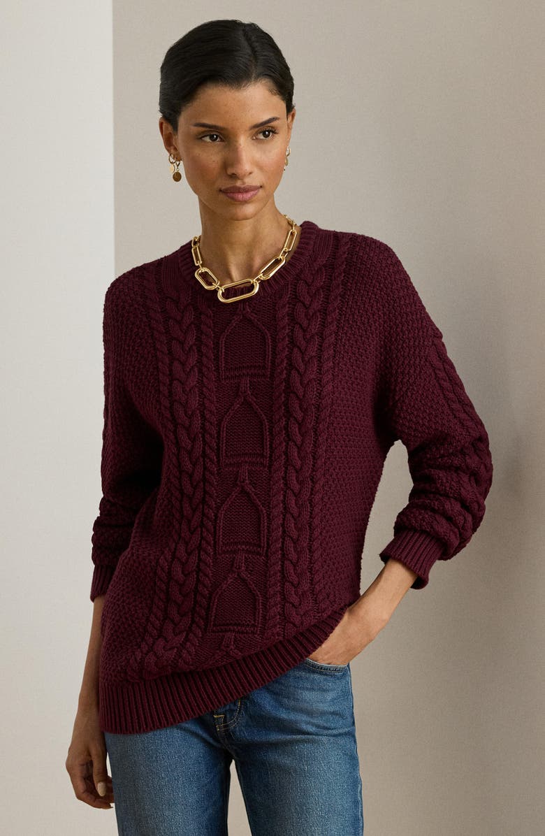 Lauren Ralph Lauren Cabled Cotton Crewneck Sweater, Alternate, color, Dark Garnet