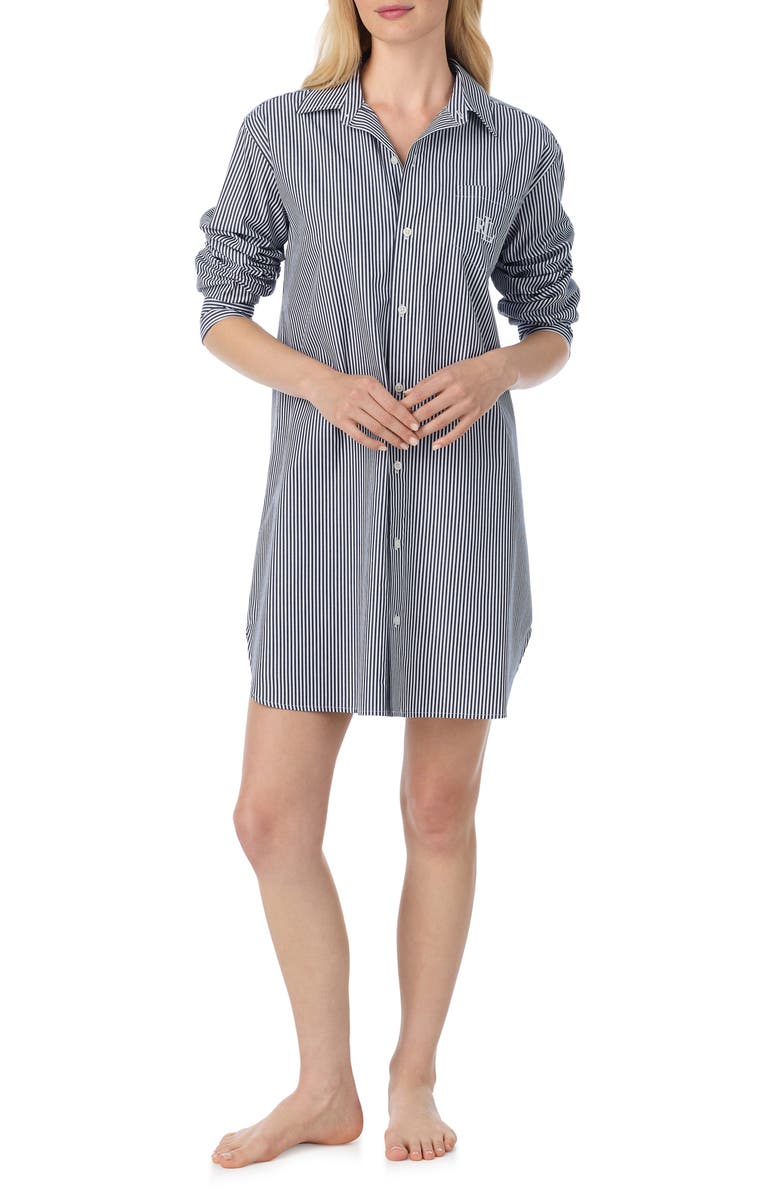 Lauren Ralph Lauren Print Cotton Sleepshirt, Alternate, color, Navy Stripe