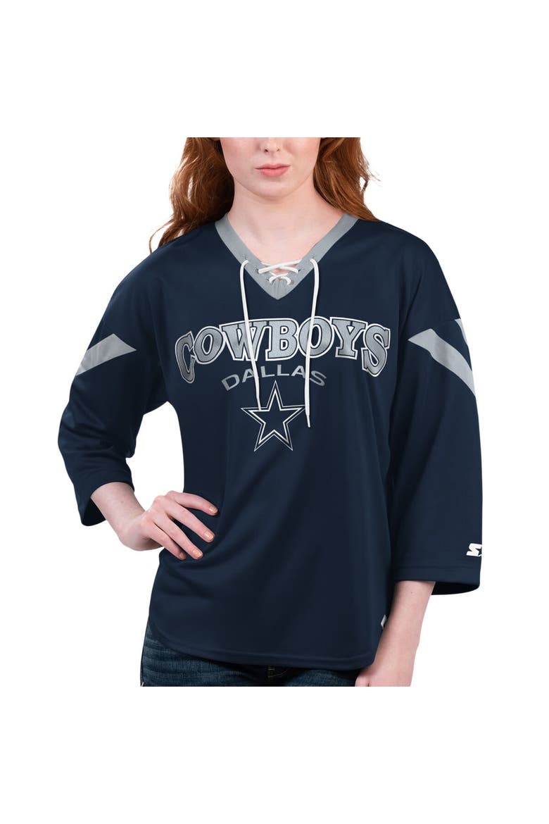 Women's Starter Navy Dallas Cowboys Rally Lace-Up 3/4-Sleeve T-Shirt, Alternate, color, Navy