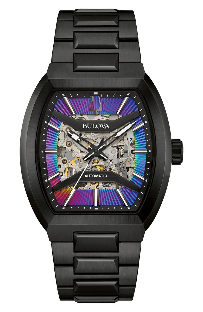 BULOVA Maquina Rainbow Skeleton Dial Automatic Bracelet Watch, 40mm, Main, color, Black