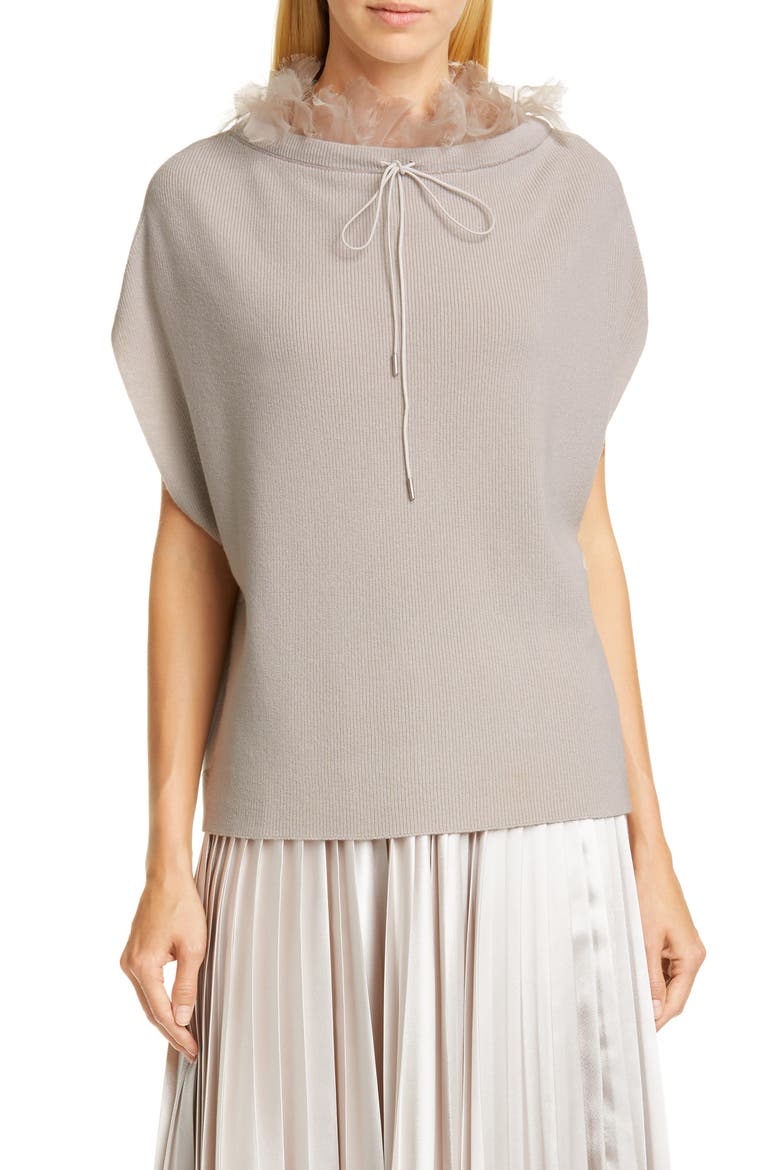 Organza Trim Cashmere Rib Cape Sweater, Main, color, BEIGE