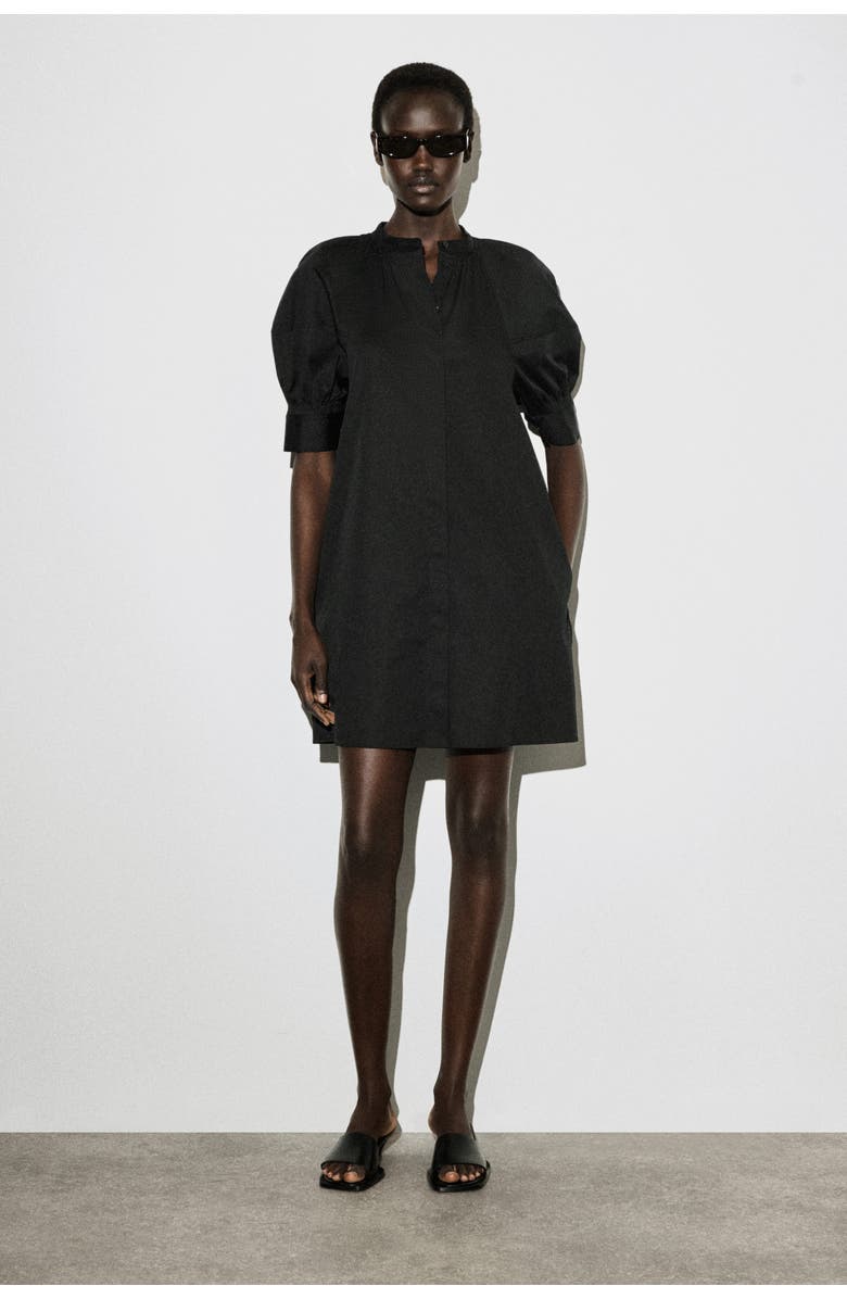 COS Smocked Puff-sleeve Shirt Dress, Main, color, Black