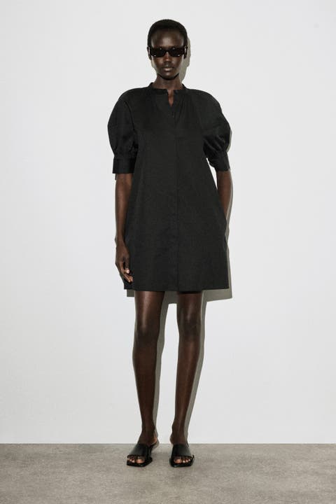 Smocked Puff-sleeve Shirt Dress