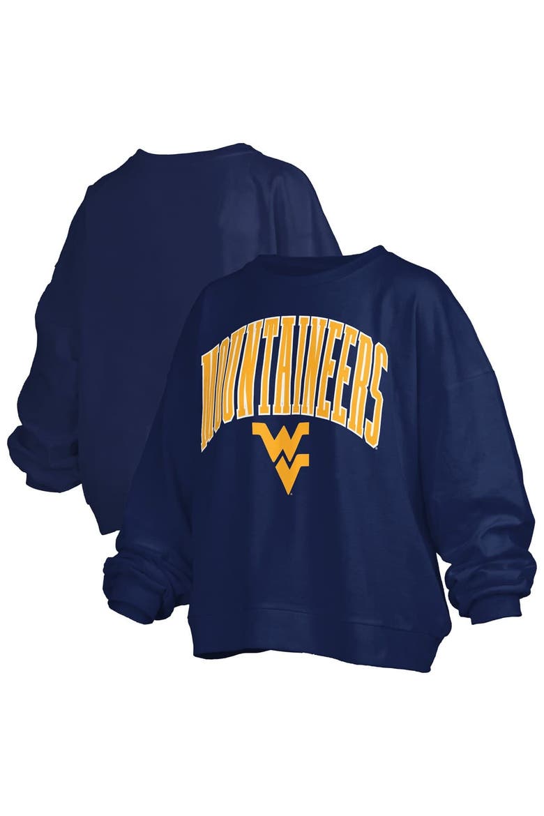 Women's Pressbox Navy West Virginia Mountaineers Janise Arch Over Logo Waist Length Oversized Pullover Sweatshirt, Main, color, Navy