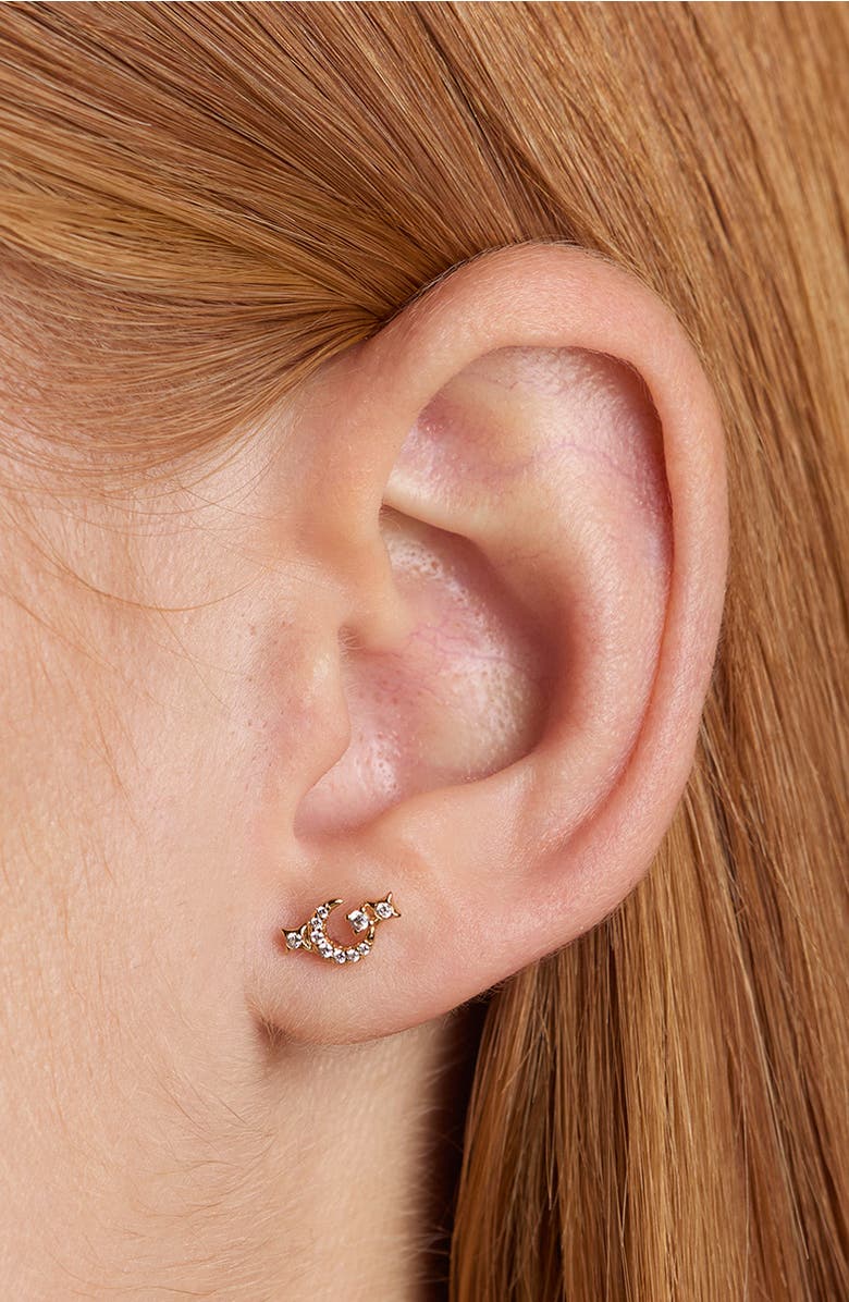 Astrid & Miyu Pavé Crystal Star & Moon Stud Earrings Christmas Cracker, Alternate, color, Gold