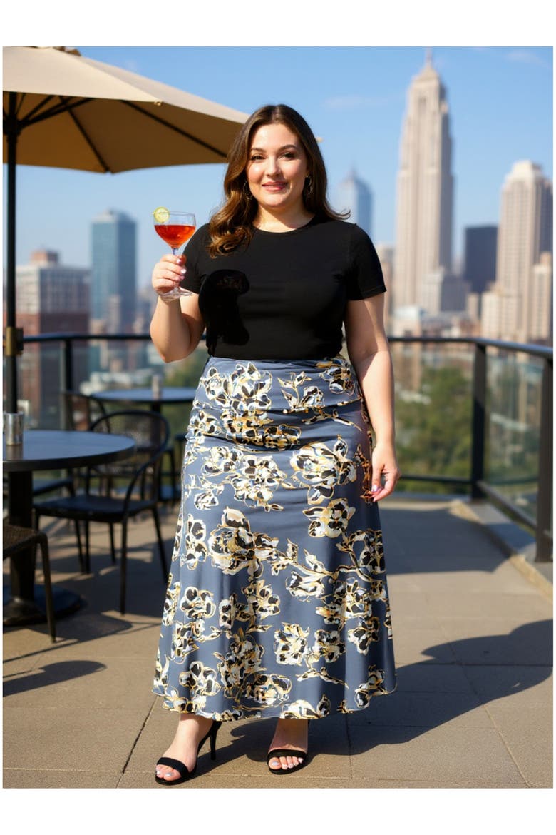 Plus Size Floral Elastic Waist A-Line Maxi Skirt, Alternate, color, Grey Multi